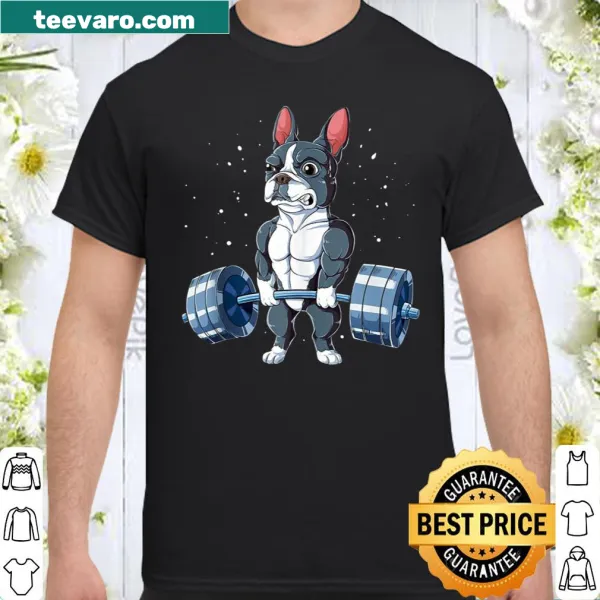Boston Terrier lifting weights graphic on a fitness shirt