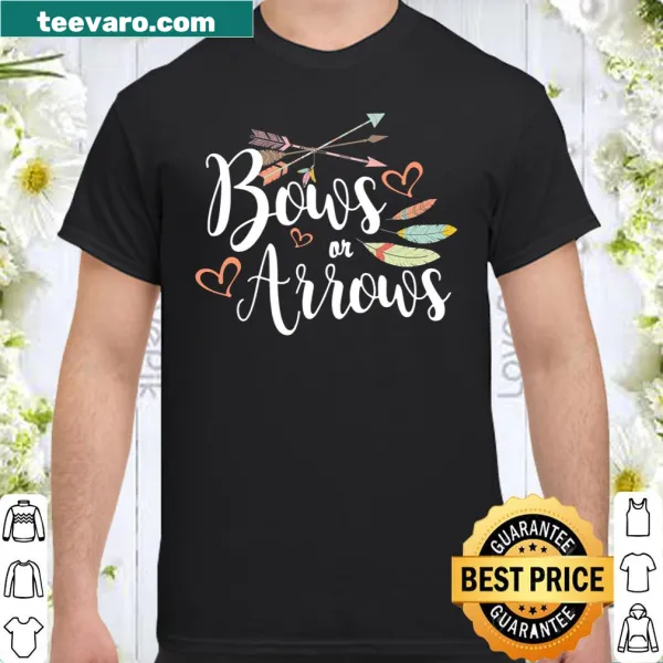 Playful 'Bows or Arrows?' gender reveal shirt with whimsical illustrations