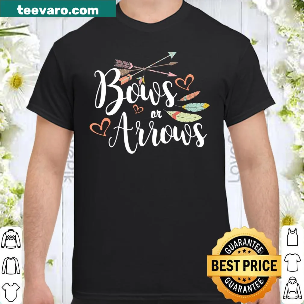 Playful 'Bows or Arrows?' gender reveal shirt with whimsical illustrations