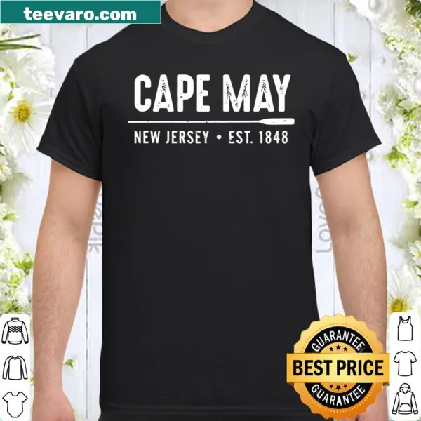 Shirt celebrating Cape May, New Jersey, with a travel-themed design