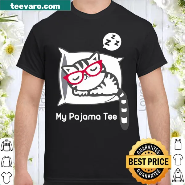 Cute pajama shirt featuring a sleeping kitty with glasses illustration