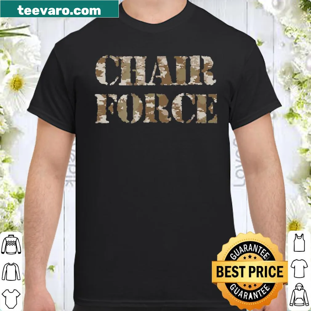 Chair Force cartoon camo shirt featuring humorous military theme