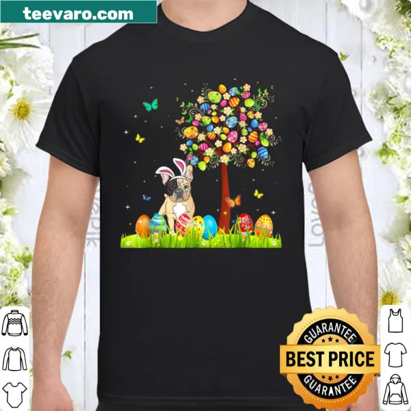 Whimsical illustration of Bunny and French Bulldog with Easter eggs in a tree