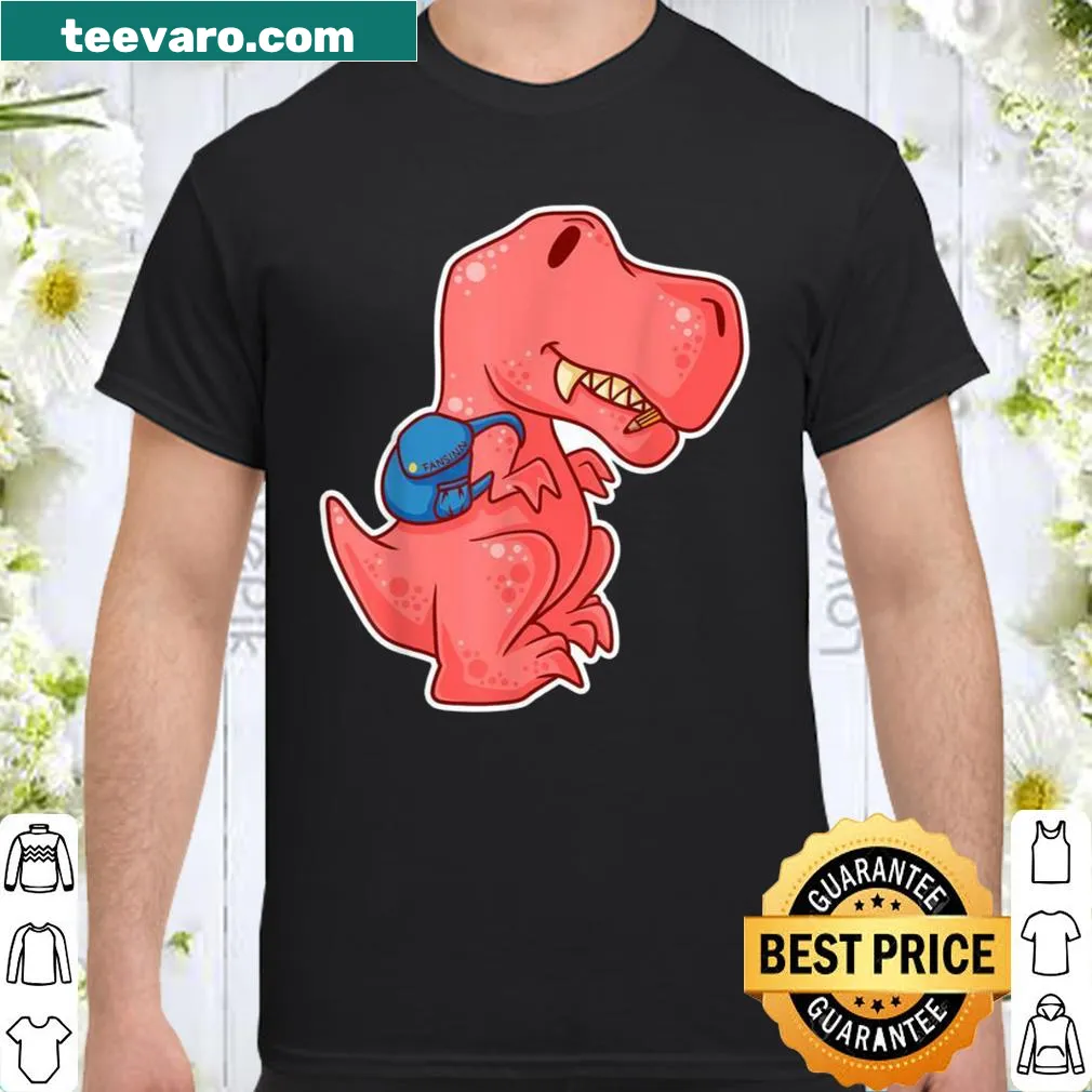 Adorable T-rex cartoon graphic celebrating school enrollment for kids.