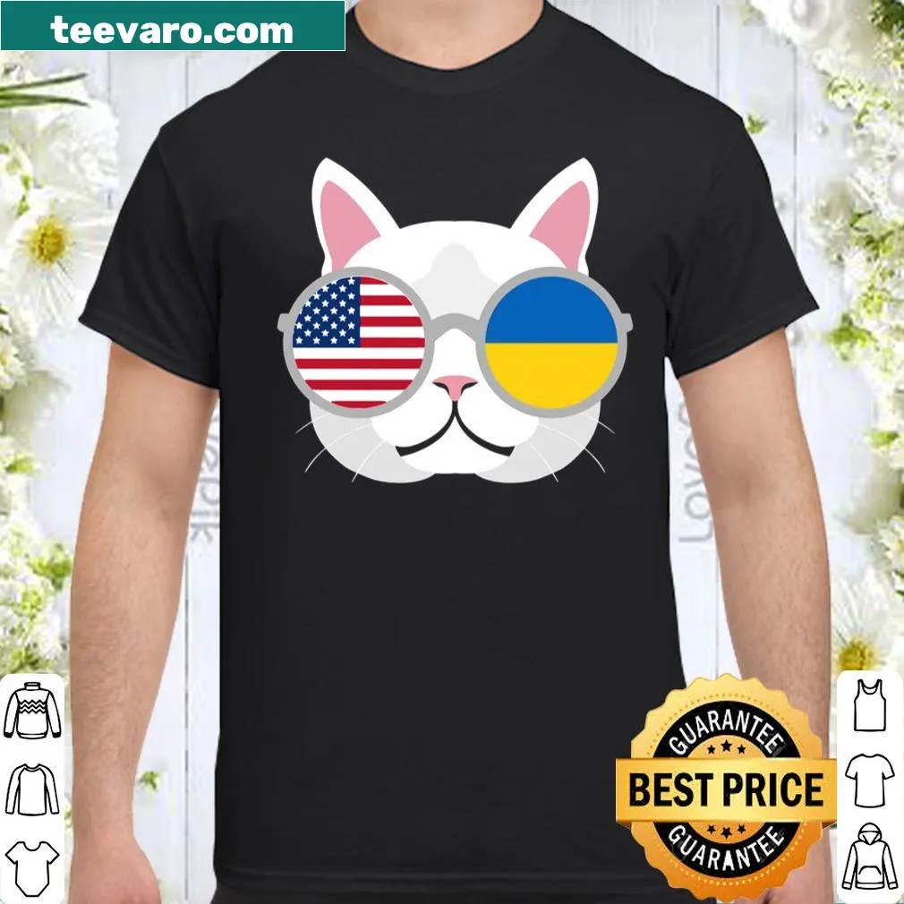 Cat design with Ukraine and USA flags on a humorous shirt