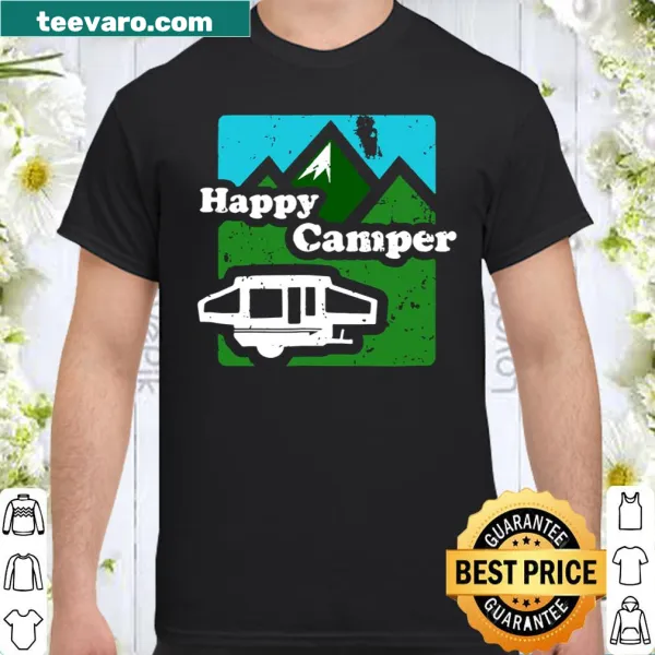 Shirt with 'Happy Camper' text and pop-up trailer illustration