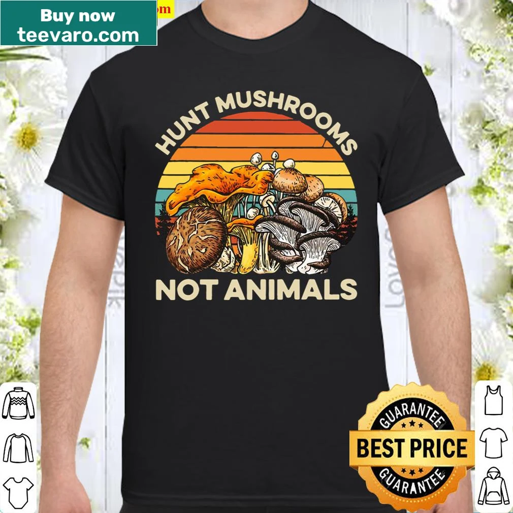 Vintage-style shirt with mushroom graphics and text about hunting mushrooms
