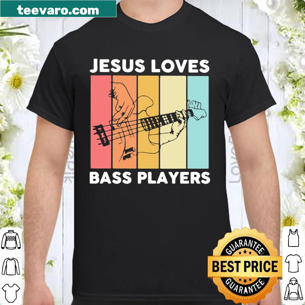 Vintage-style shirt with the phrase 'Jesus Loves Bass Players' for musicians