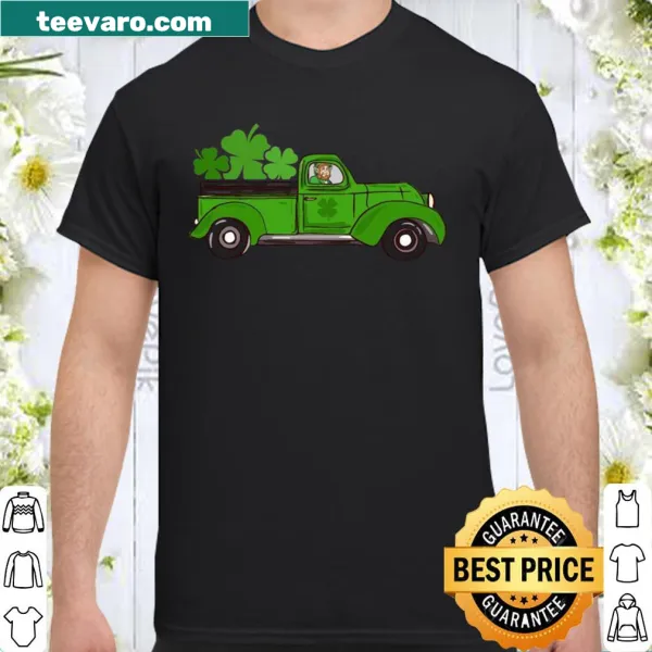 Cartoon design of a leprechaun driving a green truck for St. Patrick's Day