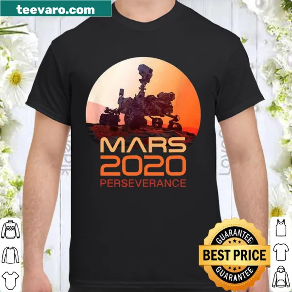 Shirt featuring a design of the Mars Perseverance Rover and helicopter drone
