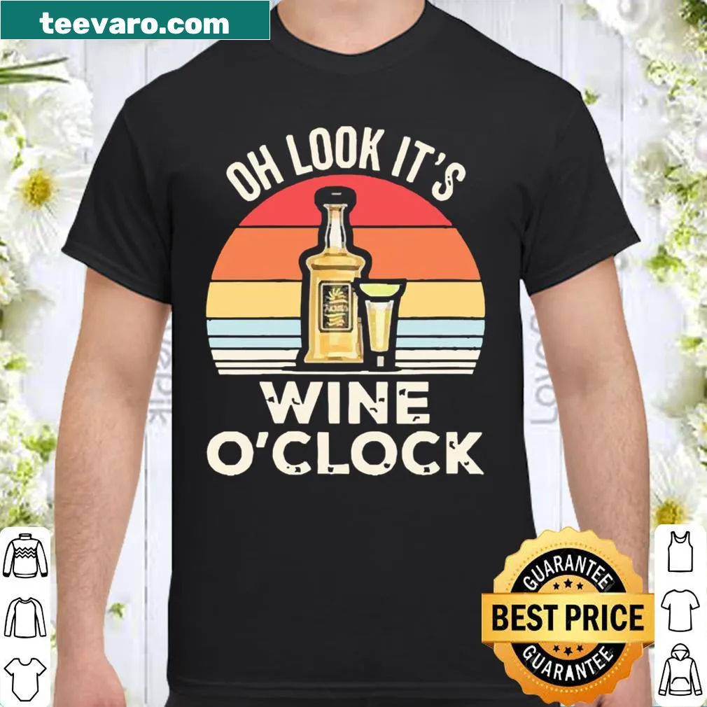 Vintage-style shirt featuring the phrase 'Wine O'clock' in playful typography