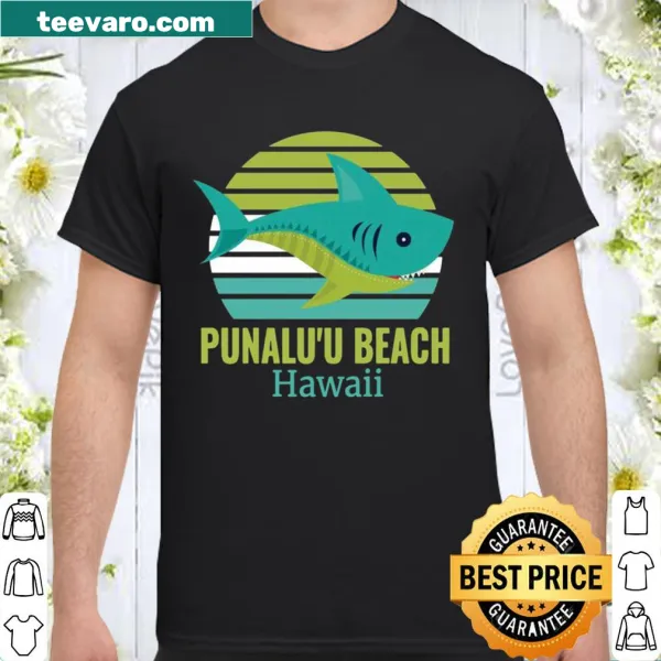 Shirt featuring an illustration of a shark at Punalu'u Beach, Hawaii