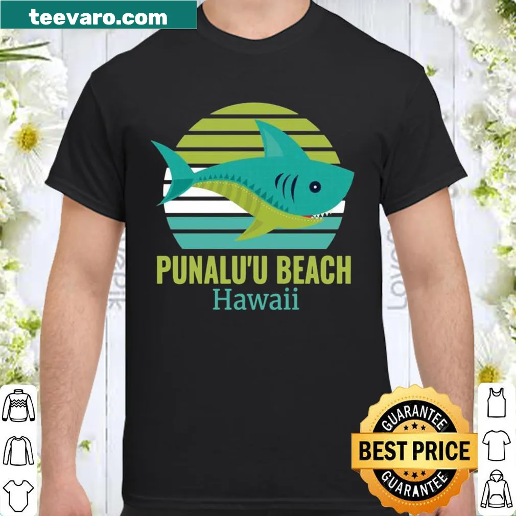 Shirt featuring an illustration of a shark at Punalu'u Beach, Hawaii