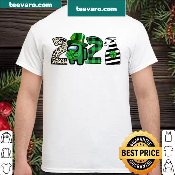 Shamrock-themed graphic with Among Us elements for St. Patrick's Day.