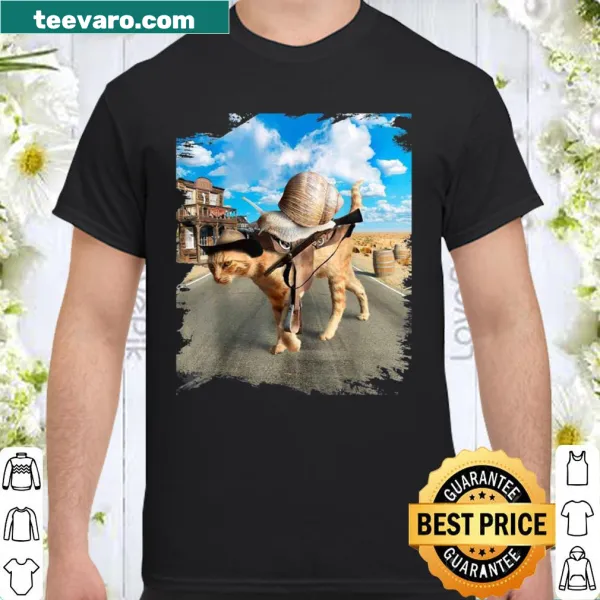 Illustration of a cowboy cat riding a snail on a t-shirt