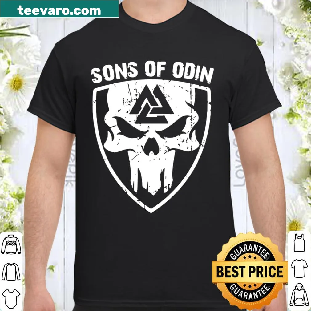 Valknut and skull graphic on the back of a Viking-themed T-shirt