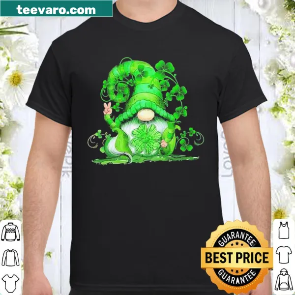 Cute St. Patrick's Day shirt featuring a gnome hugging a shamrock in playful illustration