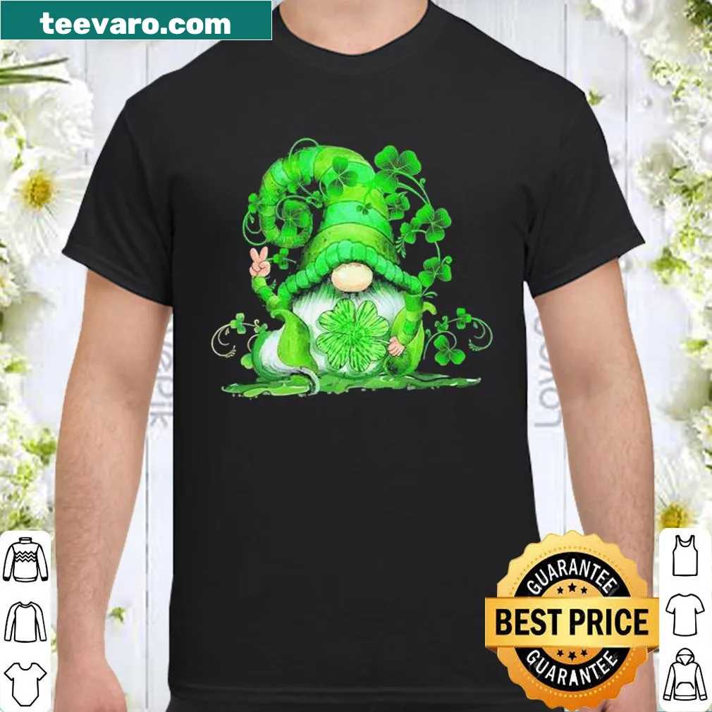Cute St. Patrick's Day shirt featuring a gnome hugging a shamrock in playful illustration