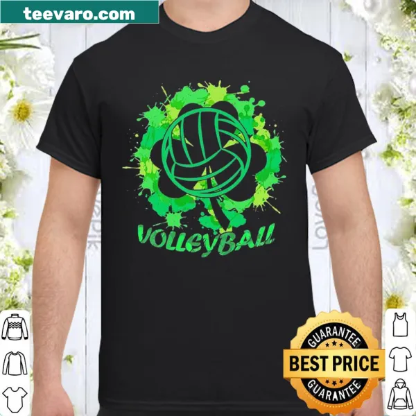 Volleyball graphic adorned with shamrocks for St. Patrick's Day.