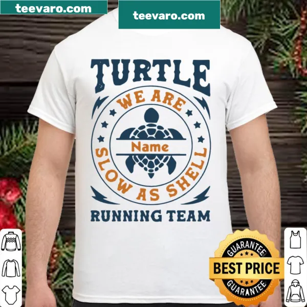 Funny running team shirt featuring turtles and playful text
