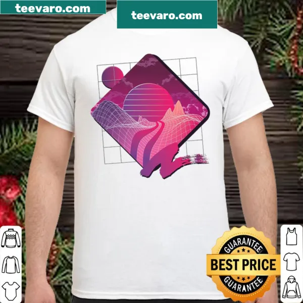 Vaporwave landscape shirt with geometric shapes and retro design