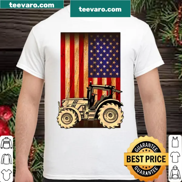 Vintage tractor graphic with American flag design on a pullover.