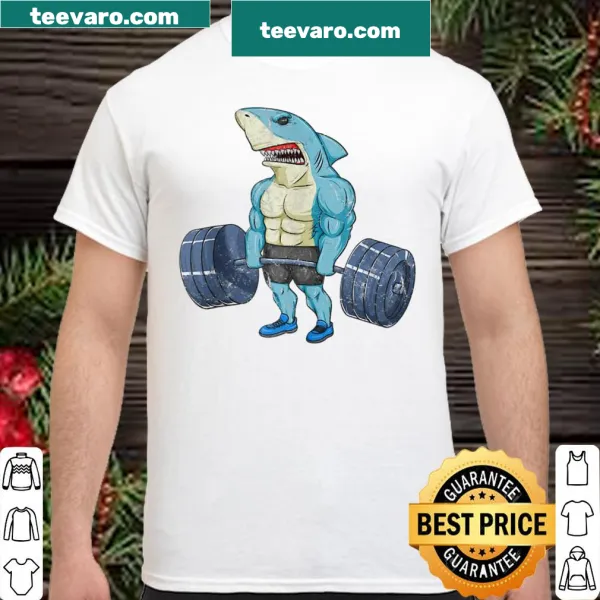 Vintage shirt featuring a shark lifting weights in a humorous design
