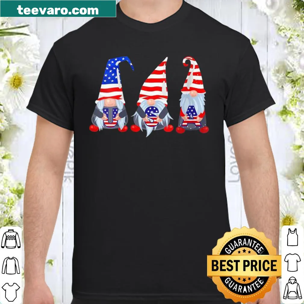 Patriotic womens shirt with cute gnomes in red, white, and blue