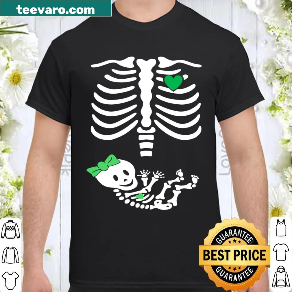 Cute skeleton graphic with shamrock for St. Patrick's Day on a women's shirt.