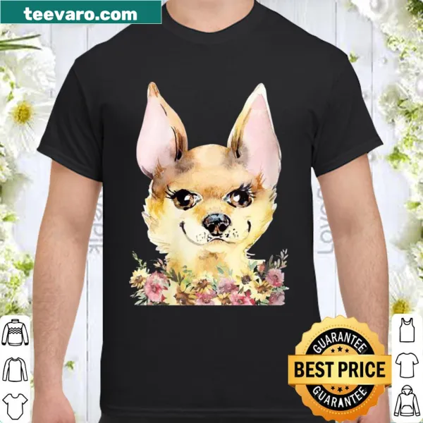 Cute Chihuahua surrounded by floral design on shirt