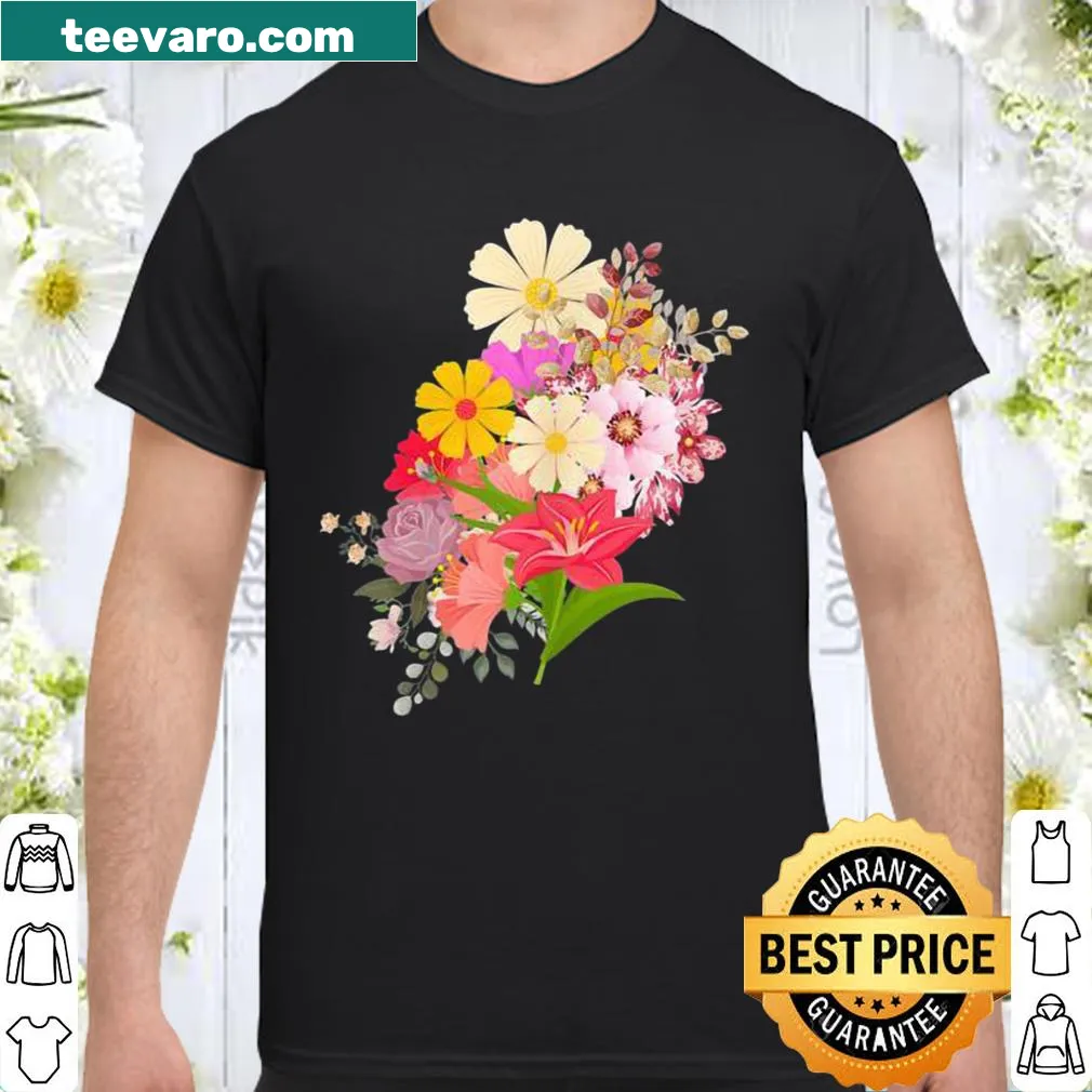Illustrative floral design on a women's gardening shirt celebrating spring.