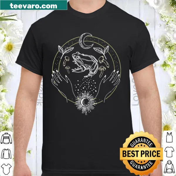 Playful cottagecore shirt with a witchy frog illustration