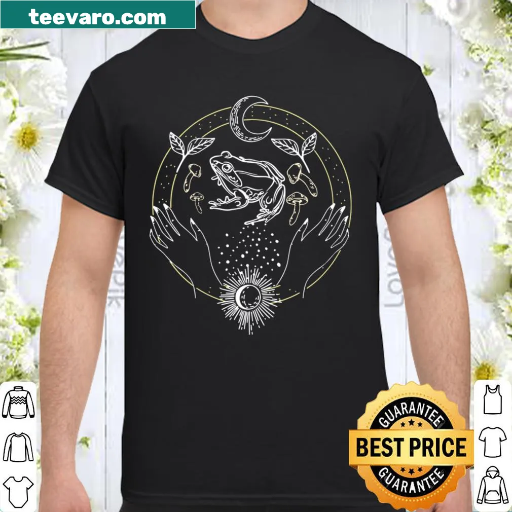 Playful cottagecore shirt with a witchy frog illustration