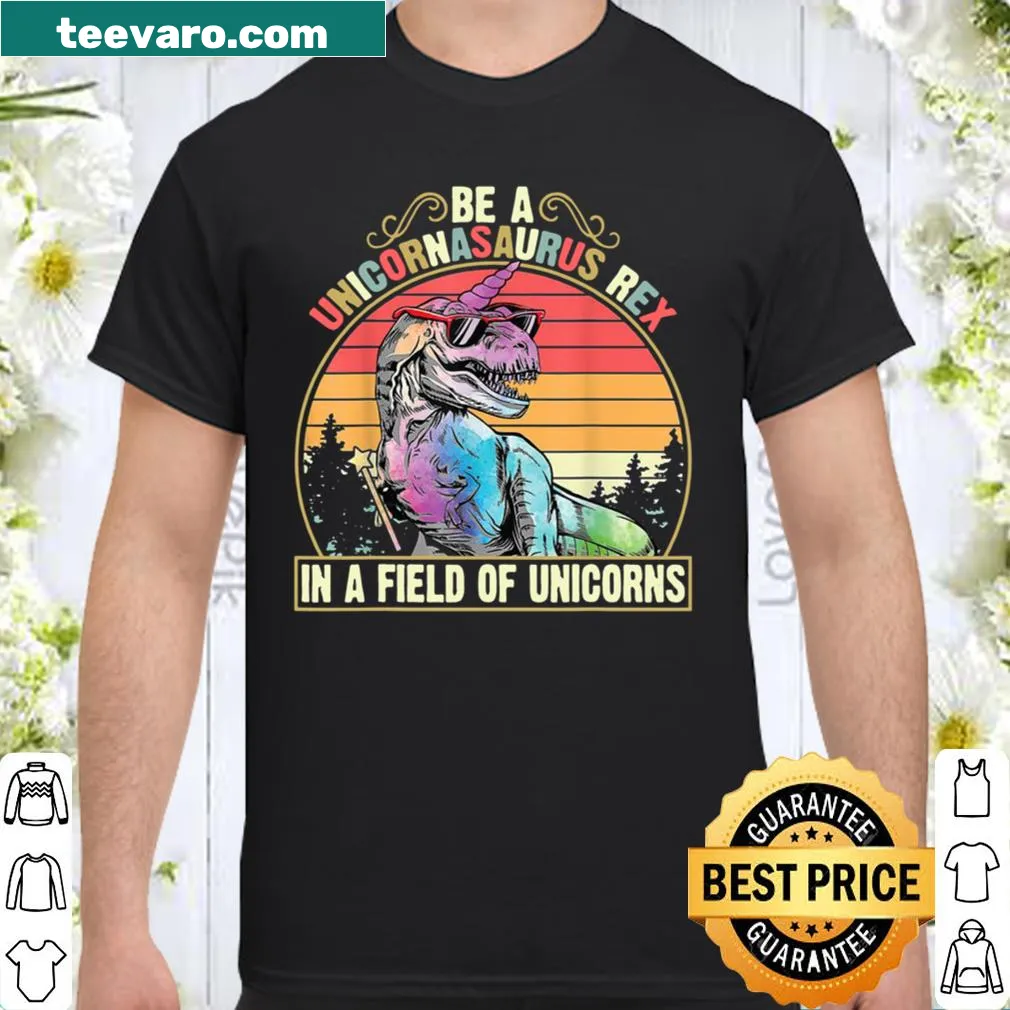 Playful shirt with a unicornasaurus rex design in a field of unicorns.