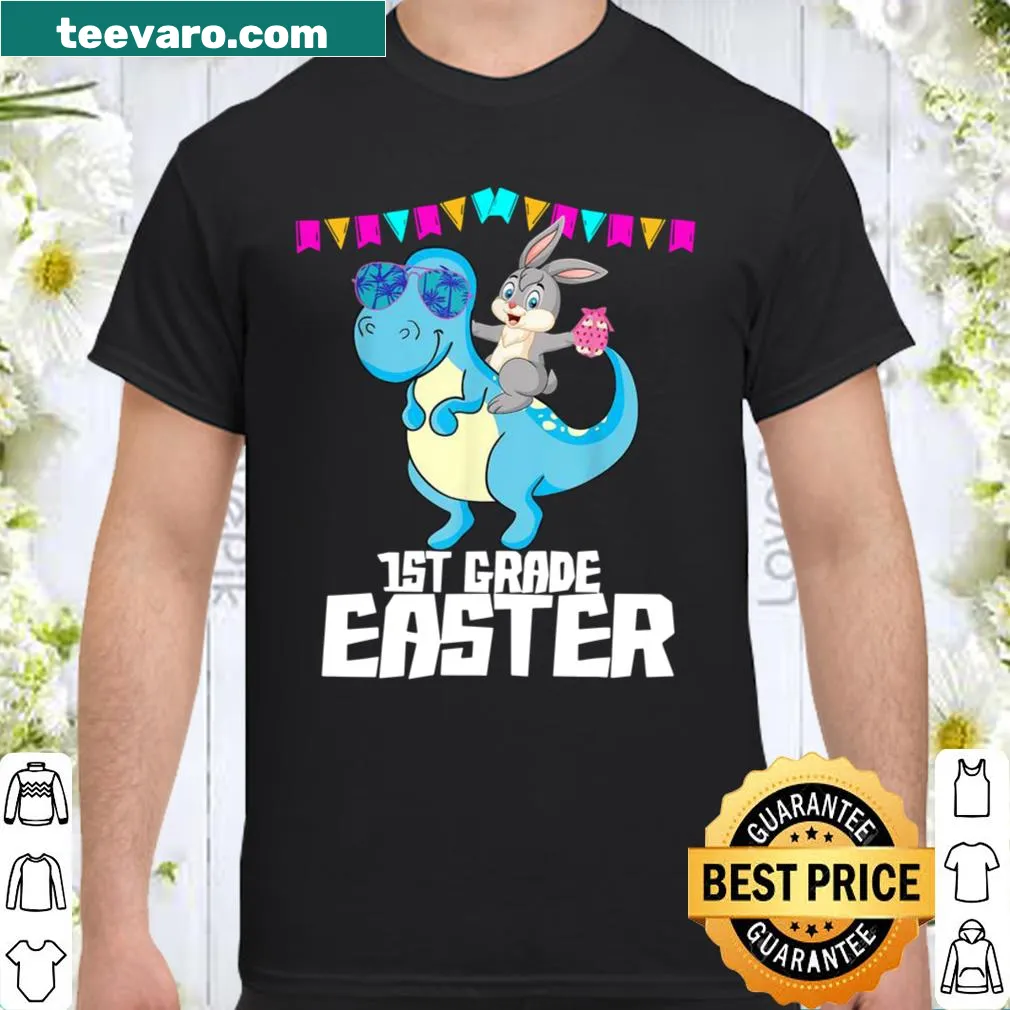 Cartoon shirt for kids featuring a T-Rex, bunny, and chocolate egg for Easter