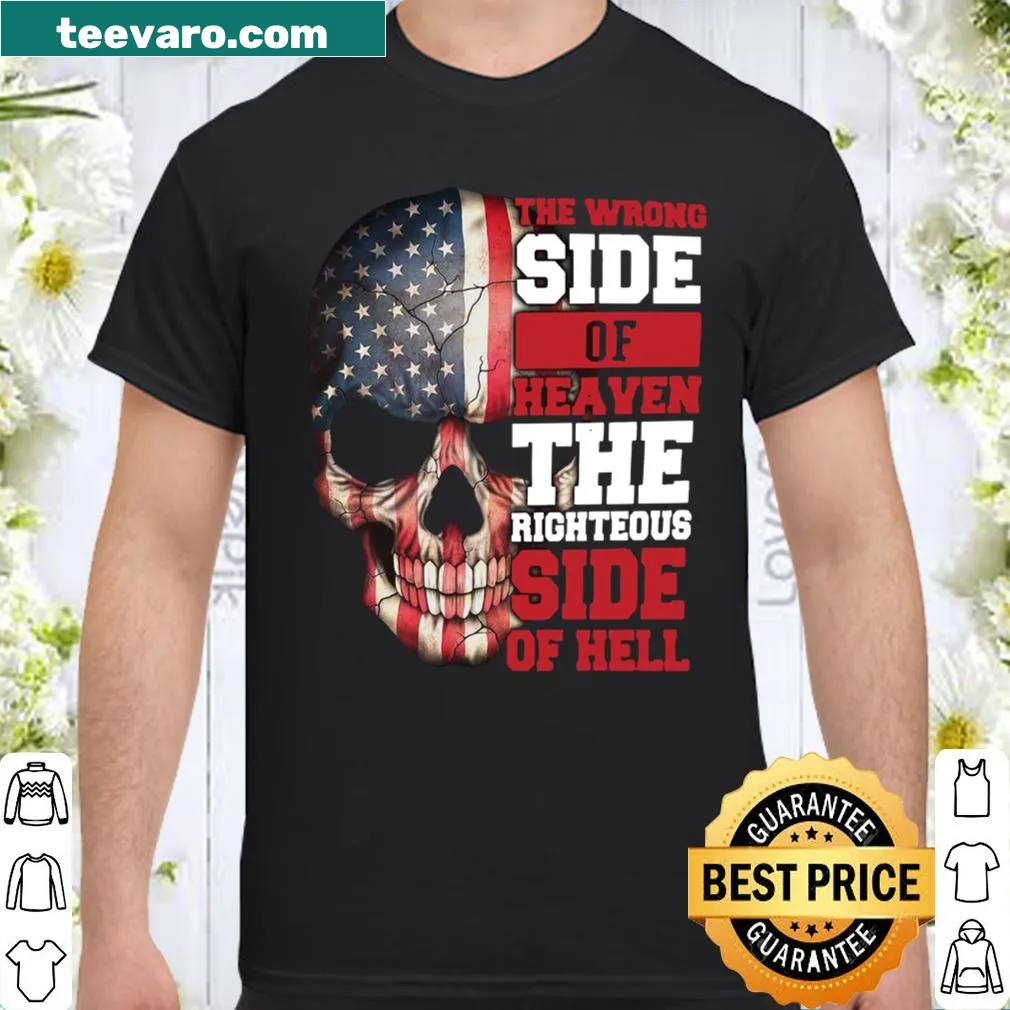 Skull with American flag design and bold text on shirt
