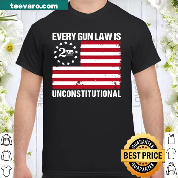 Text graphic stating 'Every gun law is unconstitutional' with American flag.
