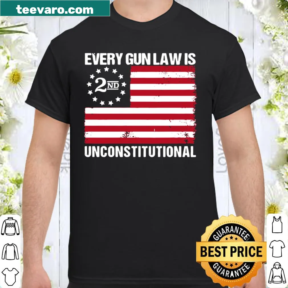 Text graphic stating 'Every gun law is unconstitutional' with American flag.