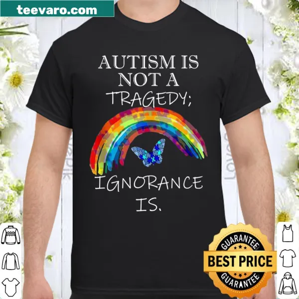 Puzzle design shirt promoting autism awareness with rainbow colors