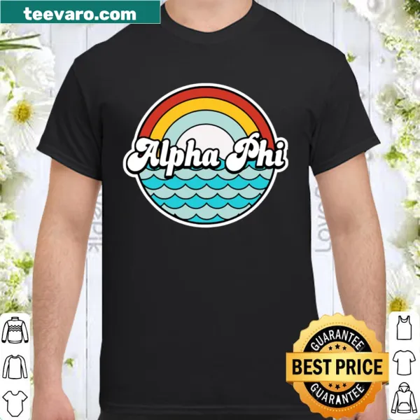 Retro-style Alpha Phi shirt with waves and rainbow design
