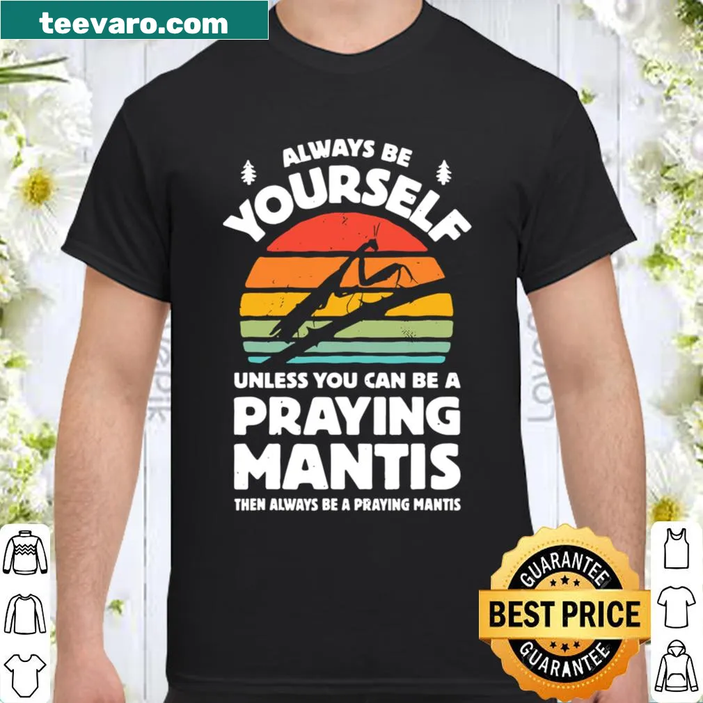 Retro-style praying mantis t-shirt with playful text