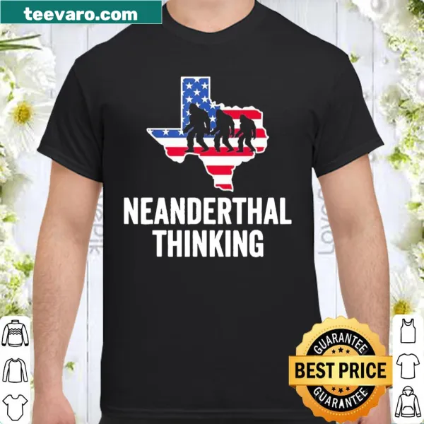 Graphic tee featuring American flag and Neanderthal thinking theme