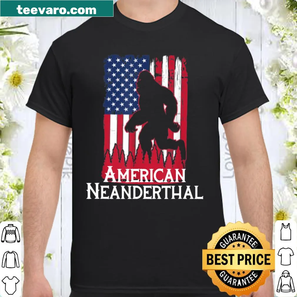 Shirt featuring a humorous Neanderthal graphic with an American flag design.