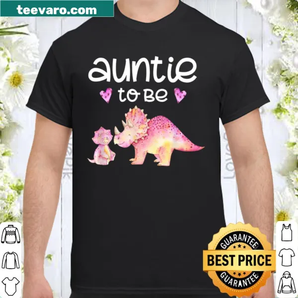 Auntie To Be shirt featuring a cute dinosaur illustration and text.