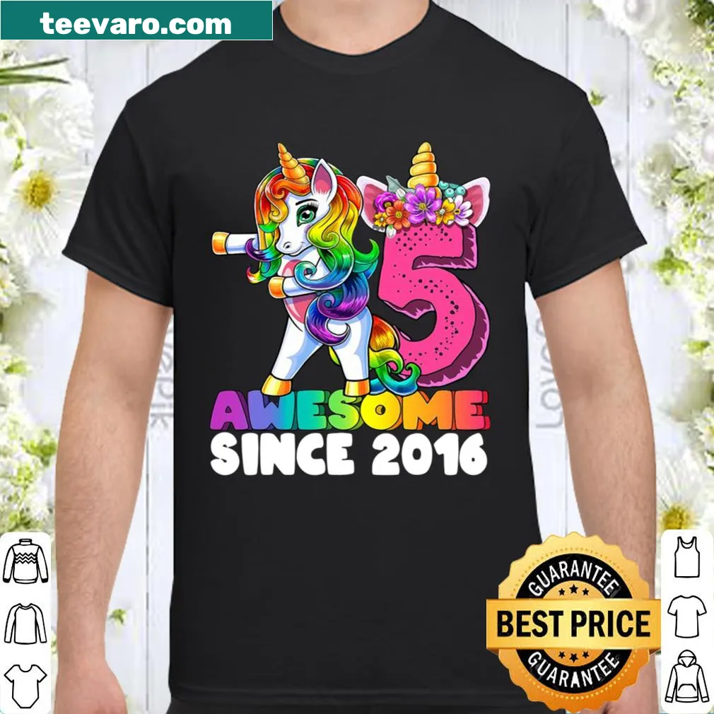 Flossing unicorn graphic for a 5th birthday shirt
