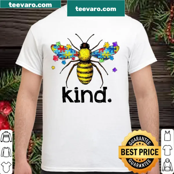 Graphic shirt promoting autism awareness with puzzle pieces and Bee Kind message.
