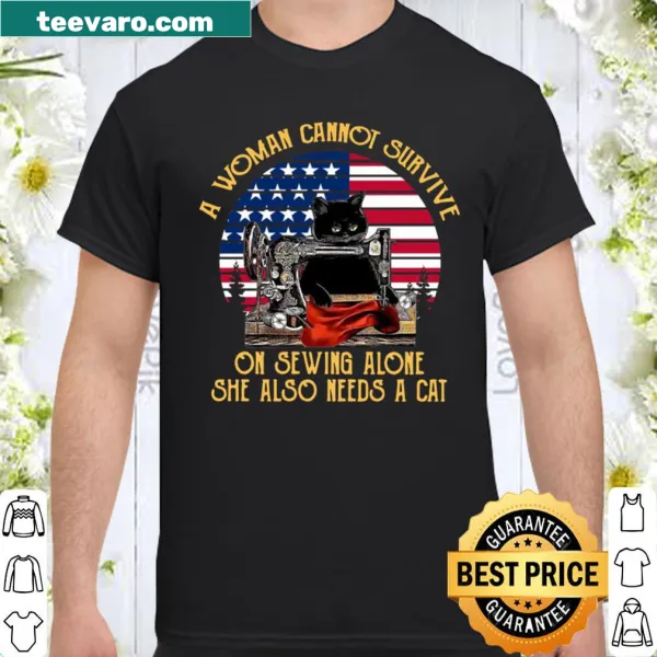 Retro shirt with cat and sewing message alongside American flag