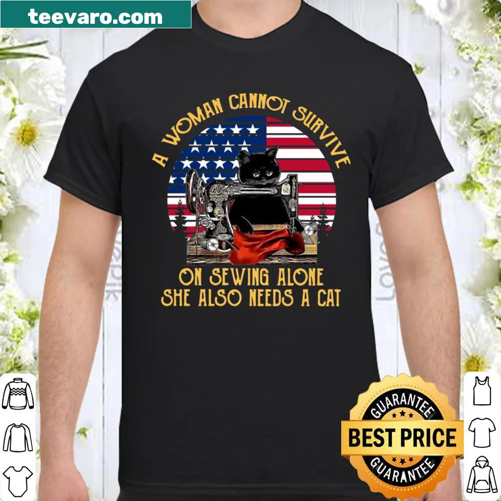 Retro shirt with cat and sewing message alongside American flag