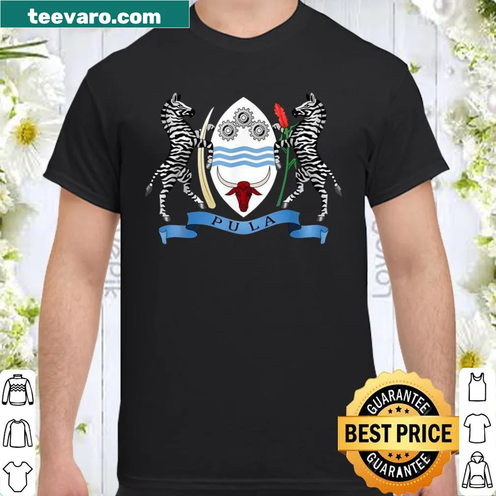 Shirt featuring Botswana's coat of arms and world flags in a badge design.
