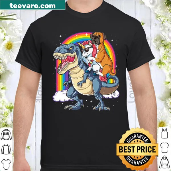 Colorful shirt featuring a unicorn riding a dinosaur graphic